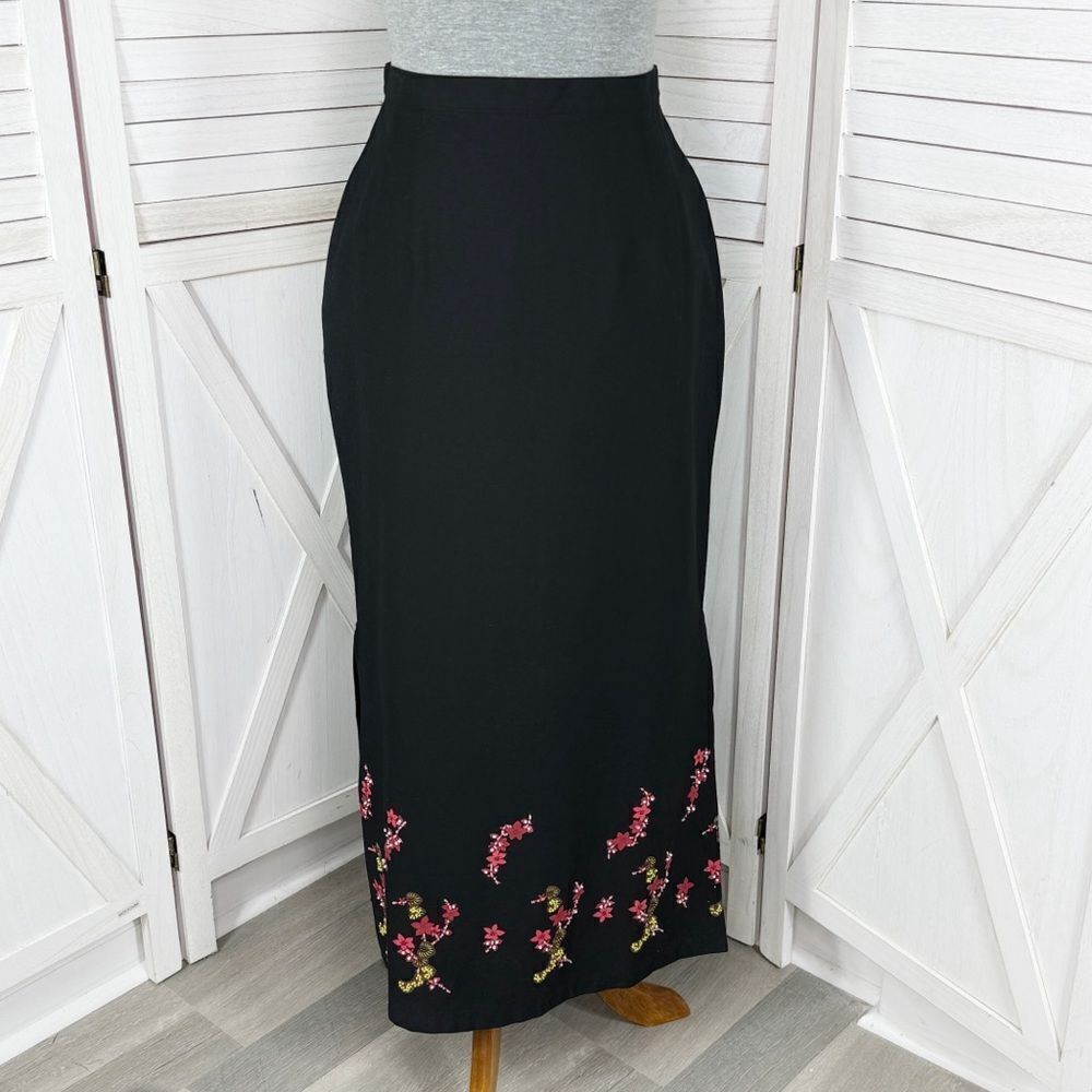 British Khaki Beaded Floral Botton Twill Pencil Maxi Skirt Black 10